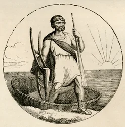 Ancien Breton avec un coracle et une charrue, de 